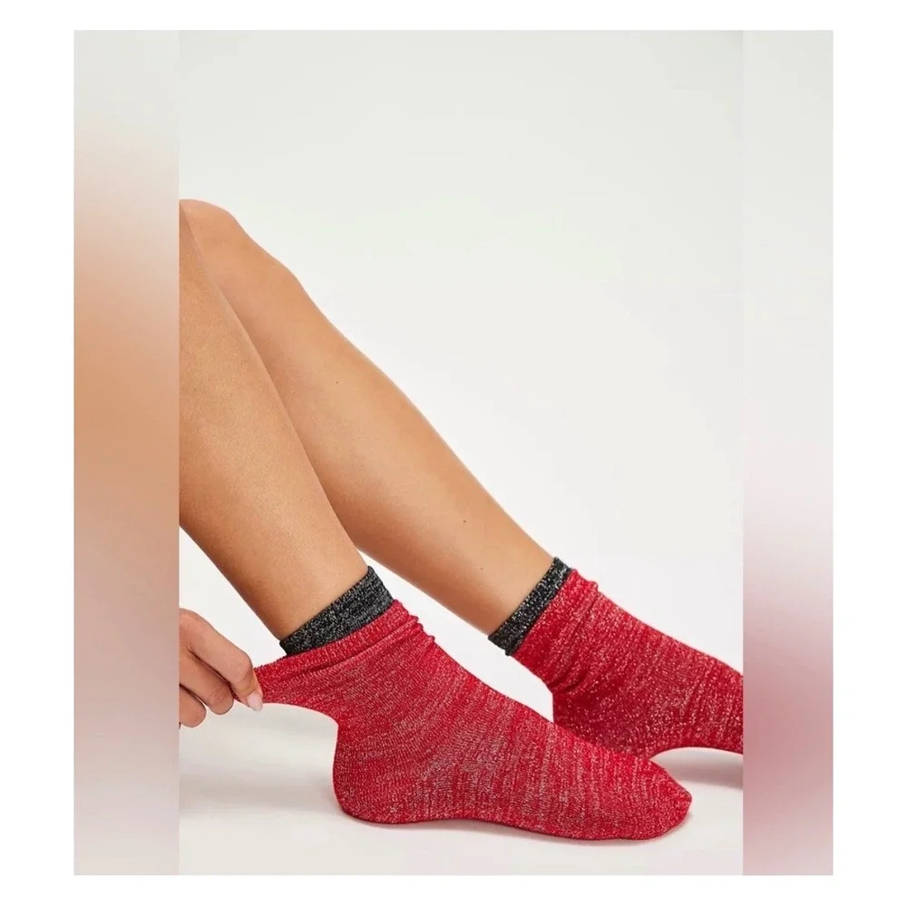 Free People Lurex sock bundle 3 pair black red brown disco nwt stretchy ankle